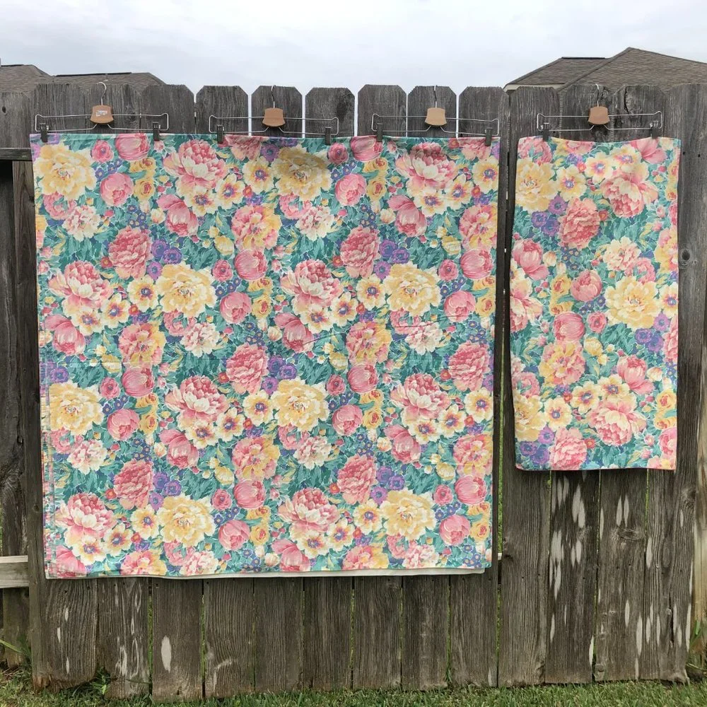 Vintage Cannon Floral Flat Sheet w/ Pillowcase Floral Print Border Made in USA